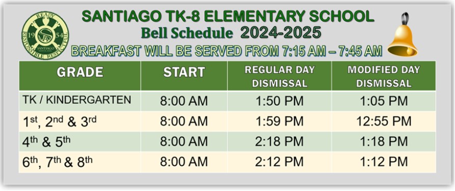 Santiago Elementary Bell Schedule 2024-2025